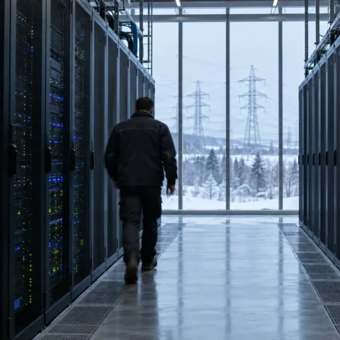 Technicien de dos dans une allée de serveurs, lignes à haute tension enneigées derrière une baie vitrée