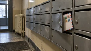 Enveloppe de courrier aérien couverte de timbres étrangers dépassant d'une boîte aux lettres d'immeuble