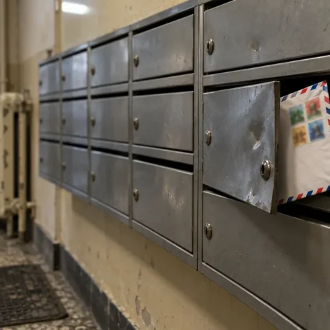 Enveloppe de courrier aérien couverte de timbres étrangers dépassant d'une boîte aux lettres d'immeuble