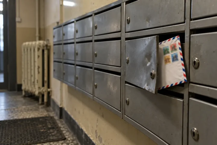 Enveloppe de courrier aérien couverte de timbres étrangers dépassant d'une boîte aux lettres d'immeuble