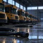 Dépôt d'autobus scolaires électriques vide à l'aube, câbles de recharge débranchés