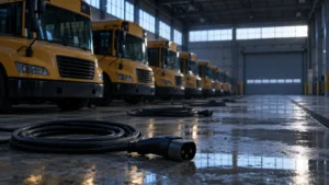 Dépôt d'autobus scolaires électriques vide à l'aube, câbles de recharge débranchés