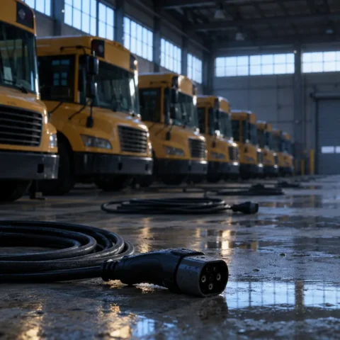 Dépôt d'autobus scolaires électriques vide à l'aube, câbles de recharge débranchés