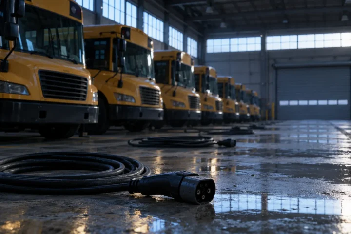 Dépôt d'autobus scolaires électriques vide à l'aube, câbles de recharge débranchés