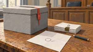 Urne scellée sur une table de greffe, près d’une pile de bulletins pliés. L’un d’eux porte une marque de crayon hors du cercle.