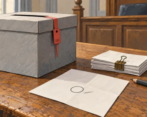 Urne scellée sur une table de greffe, près d’une pile de bulletins pliés. L’un d’eux porte une marque de crayon hors du cercle.