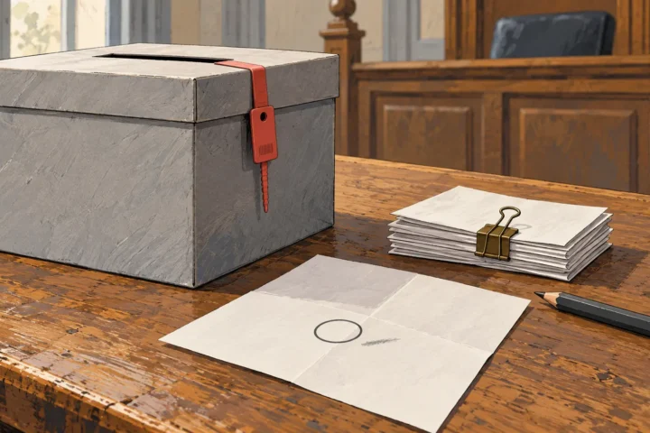 Urne scellée sur une table de greffe, près d’une pile de bulletins pliés. L’un d’eux porte une marque de crayon hors du cercle.