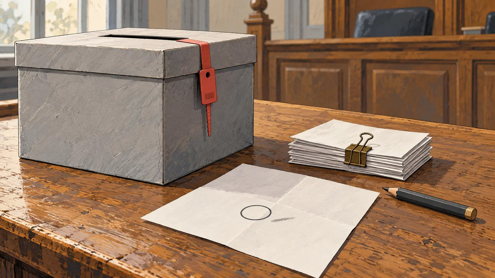 Urne scellée sur une table de greffe, près d’une pile de bulletins pliés. L’un d’eux porte une marque de crayon hors du cercle.