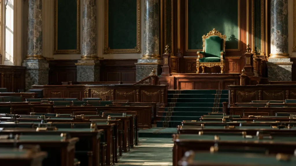 Fauteuil d'apparat vide sur une estrade, au fond d'une salle parlementaire déserte