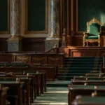 Fauteuil d'apparat vide sur une estrade, au fond d'une salle parlementaire déserte