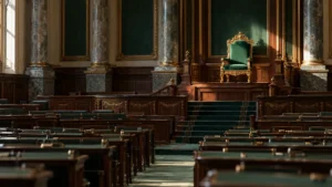 Fauteuil d'apparat vide sur une estrade, au fond d'une salle parlementaire déserte