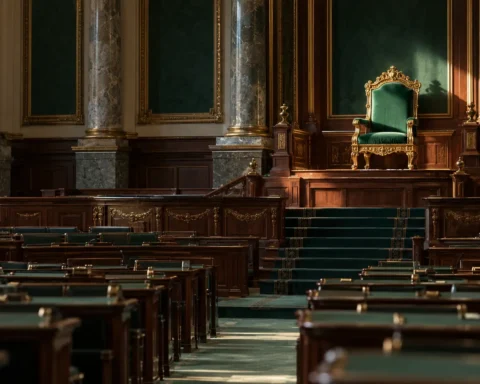 Fauteuil d'apparat vide sur une estrade, au fond d'une salle parlementaire déserte