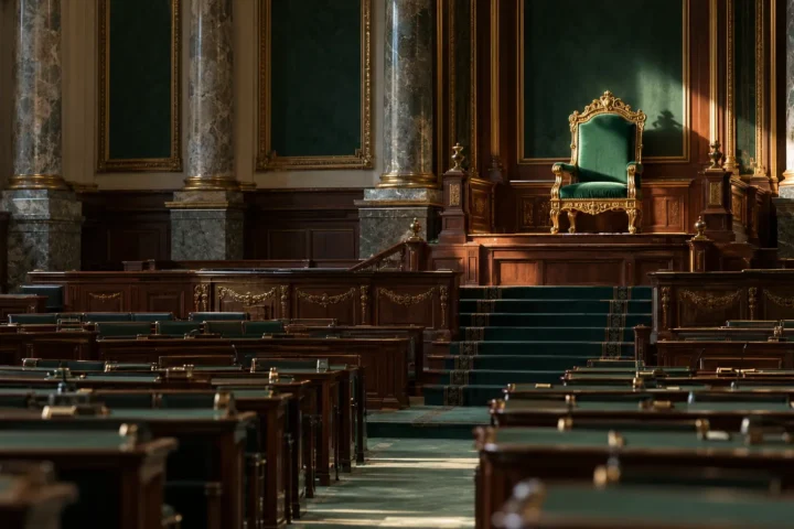 Fauteuil d'apparat vide sur une estrade, au fond d'une salle parlementaire déserte