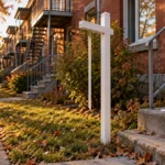 Pancarte immobilière vue de profil devant un plex de brique, enveloppe scellée sur la marche