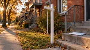 Pancarte immobilière vue de profil devant un plex de brique, enveloppe scellée sur la marche