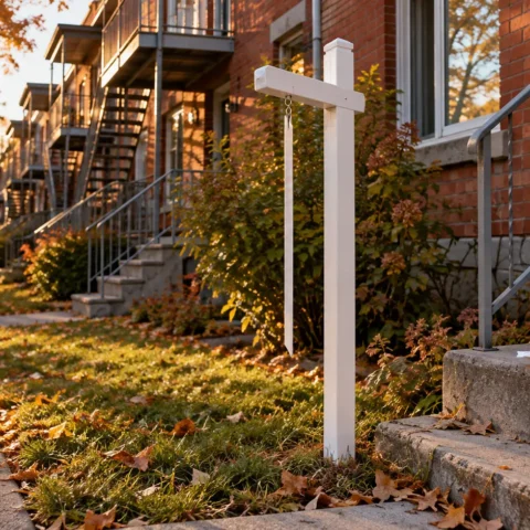 Pancarte immobilière vue de profil devant un plex de brique, enveloppe scellée sur la marche