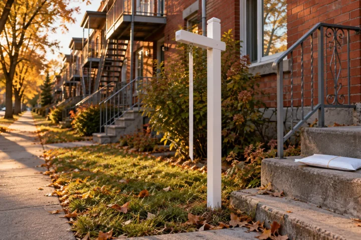 Pancarte immobilière vue de profil devant un plex de brique, enveloppe scellée sur la marche