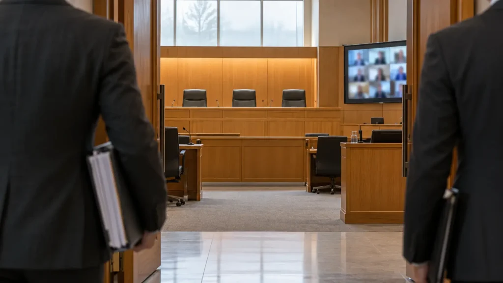 Deux avocats de dos entrent dans une salle d'audience, trois fauteuils de juges et un écran de visioconférence
