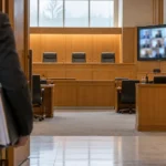 Deux avocats de dos entrent dans une salle d'audience, trois fauteuils de juges et un écran de visioconférence