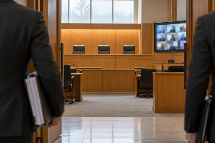 Deux avocats de dos entrent dans une salle d'audience, trois fauteuils de juges et un écran de visioconférence