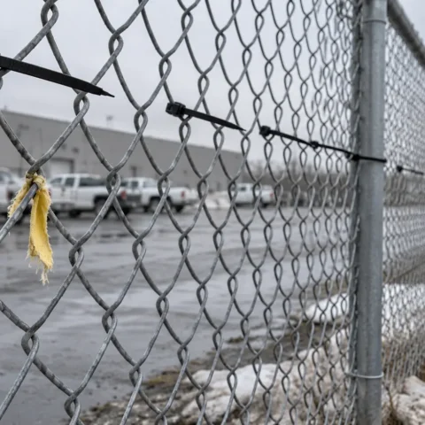 Clôture grillagée d'un stationnement où restent des attaches de plastique vides et un coin de tissu jaune, sans drapeau.