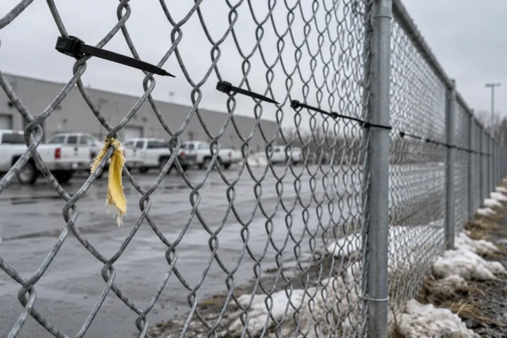 Clôture grillagée d'un stationnement où restent des attaches de plastique vides et un coin de tissu jaune, sans drapeau.