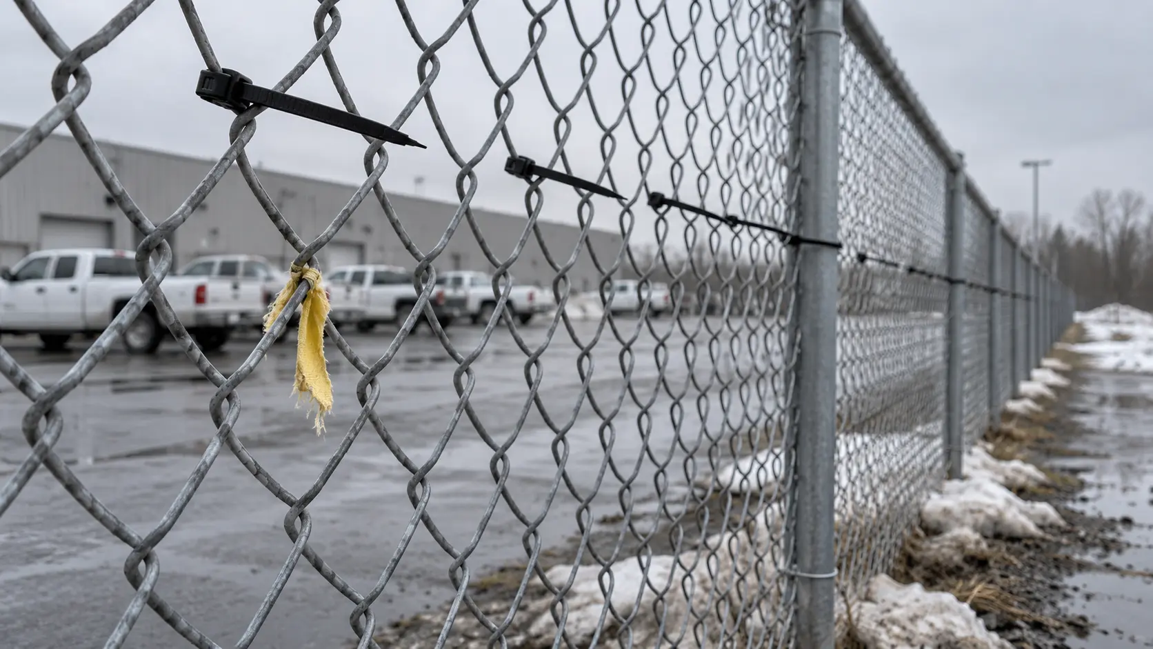 Clôture grillagée d'un stationnement où restent des attaches de plastique vides et un coin de tissu jaune, sans drapeau.