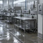Postes de travail vides sur une ligne de production à l’arrêt
