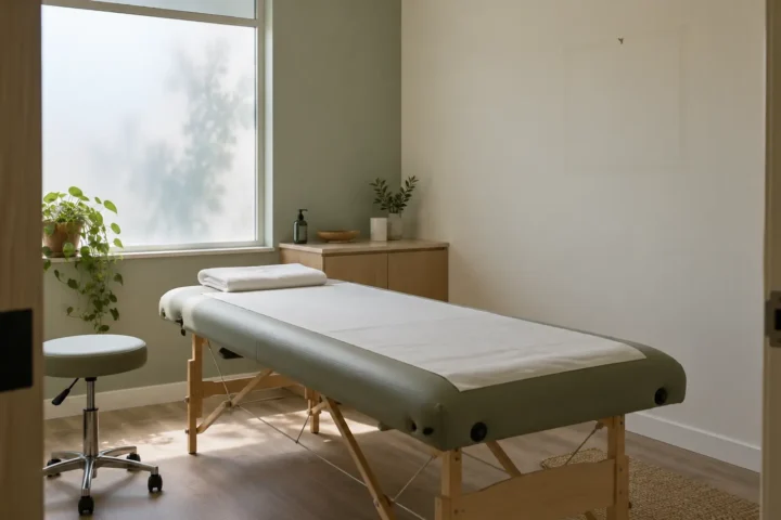 Salle de traitement vide, table de soins et mur nu où ne subsiste que la trace d'un cadre