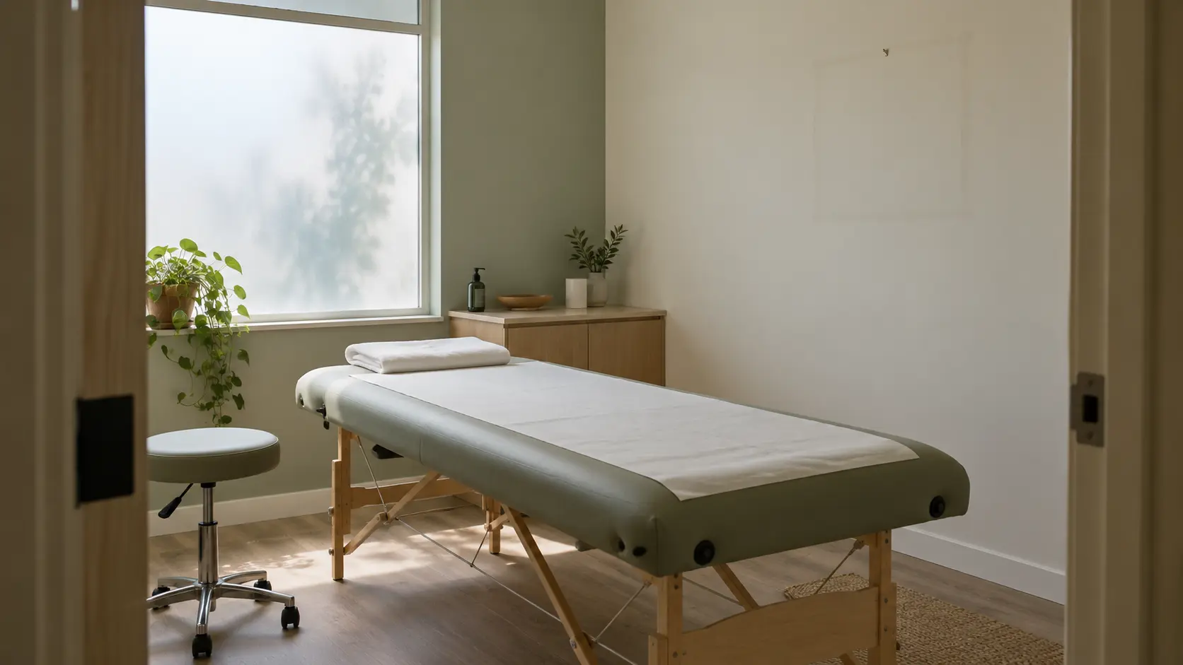 Salle de traitement vide, table de soins et mur nu où ne subsiste que la trace d'un cadre