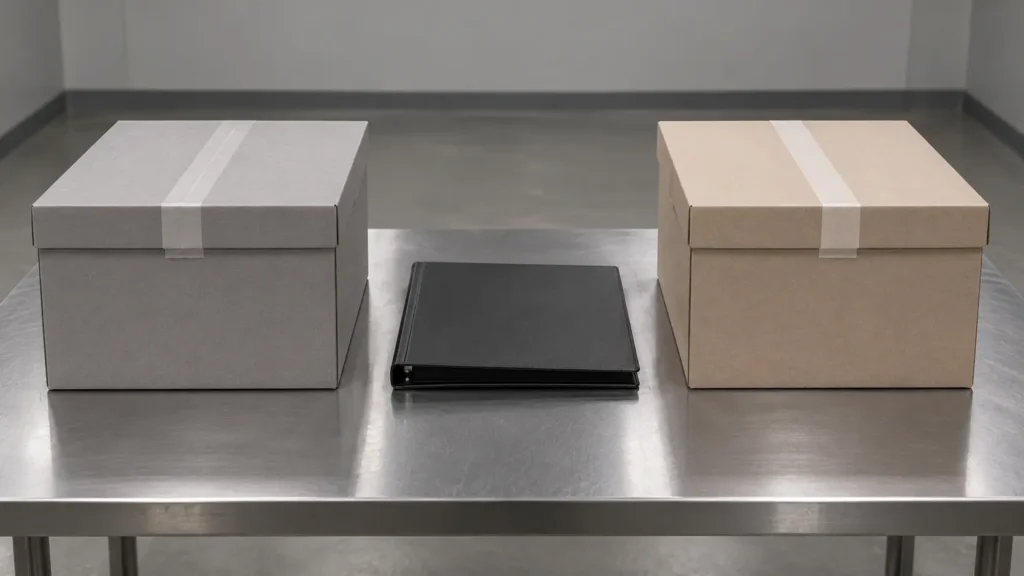 Deux boîtes d'archives scellées côte à côte sur une table d'acier, un classeur entre elles