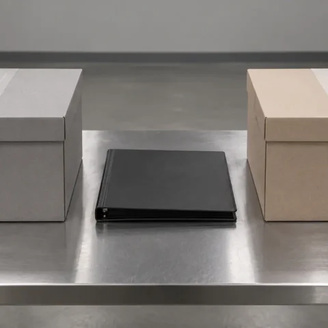 Deux boîtes d'archives scellées côte à côte sur une table d'acier, un classeur entre elles