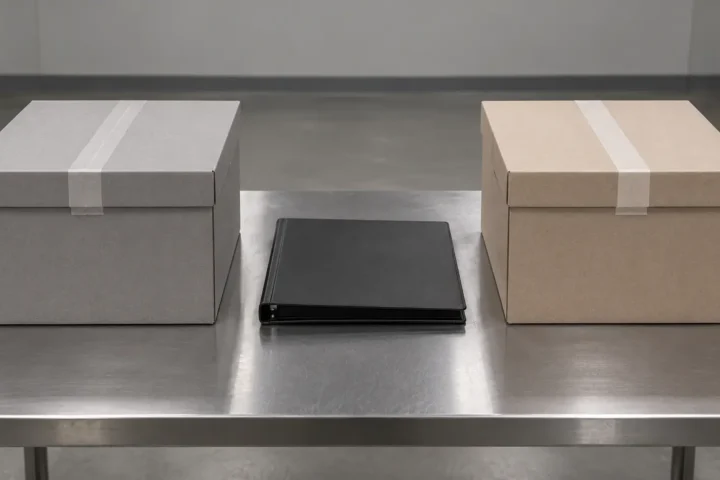Deux boîtes d'archives scellées côte à côte sur une table d'acier, un classeur entre elles