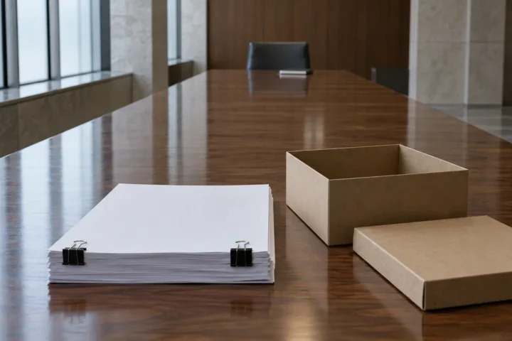 Une épaisse liasse de documents et une boîte d’archives au bout d’une longue table de salle d’audience, face à une chaise vide.