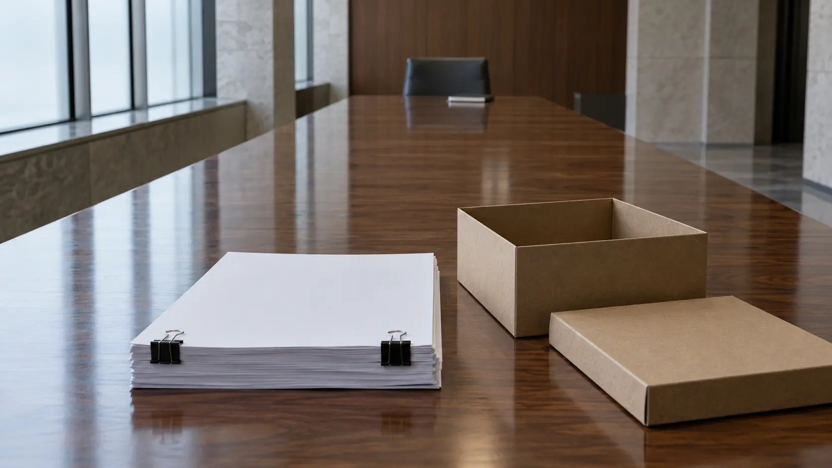 Une épaisse liasse de documents et une boîte d’archives au bout d’une longue table de salle d’audience, face à une chaise vide.