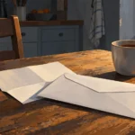 Enveloppe fermée posée sur une table de cuisine, à côté d’une tasse et d’une chaise vide