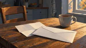 Enveloppe fermée posée sur une table de cuisine, à côté d’une tasse et d’une chaise vide