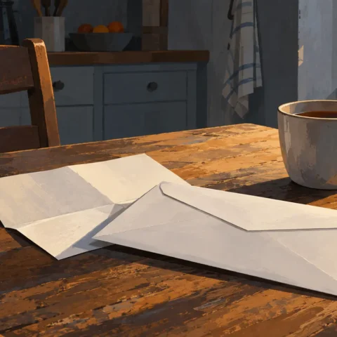 Enveloppe fermée posée sur une table de cuisine, à côté d’une tasse et d’une chaise vide