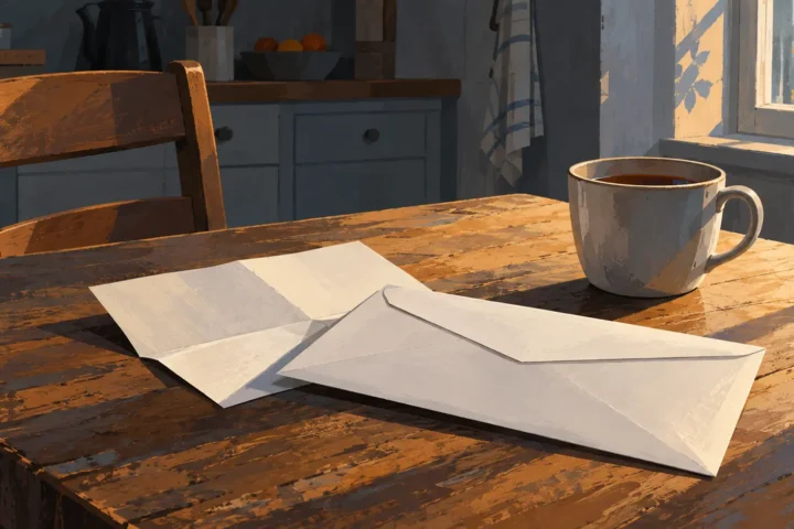 Enveloppe fermée posée sur une table de cuisine, à côté d’une tasse et d’une chaise vide