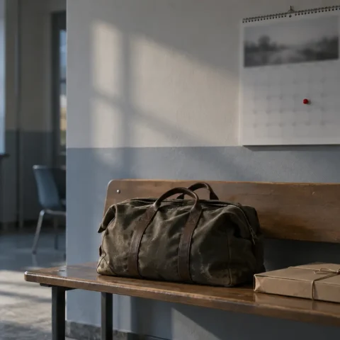 Calendrier mural marqué d'une punaise rouge au-dessus d'un sac de voyage et d'un dossier fermé sur un banc