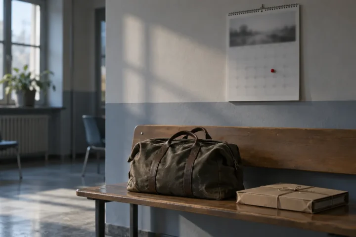 Calendrier mural marqué d'une punaise rouge au-dessus d'un sac de voyage et d'un dossier fermé sur un banc