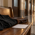 Une toge noire pliée et une mallette de cuir sur un banc de bois, dans le corridor vide d'un palais de justice.