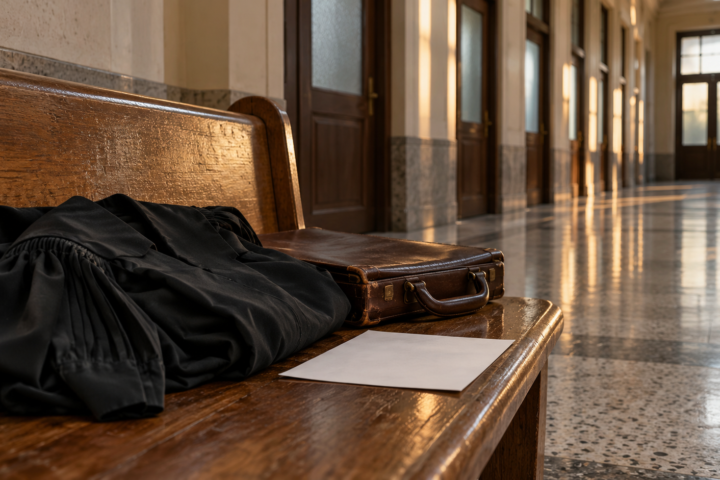 Une toge noire pliée et une mallette de cuir sur un banc de bois, dans le corridor vide d'un palais de justice.