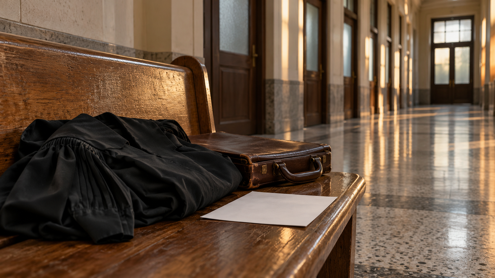 Une toge noire pliée et une mallette de cuir sur un banc de bois, dans le corridor vide d'un palais de justice.