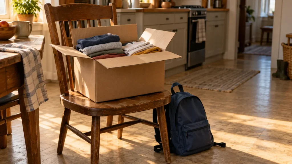 Carton de vêtements d’enfant à moitié déballé sur une chaise de cuisine, près d’un sac d’école