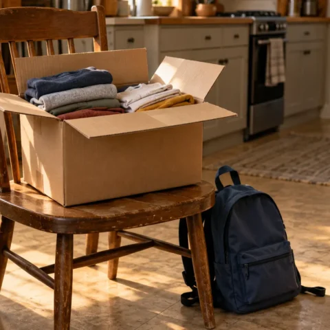 Carton de vêtements d’enfant à moitié déballé sur une chaise de cuisine, près d’un sac d’école