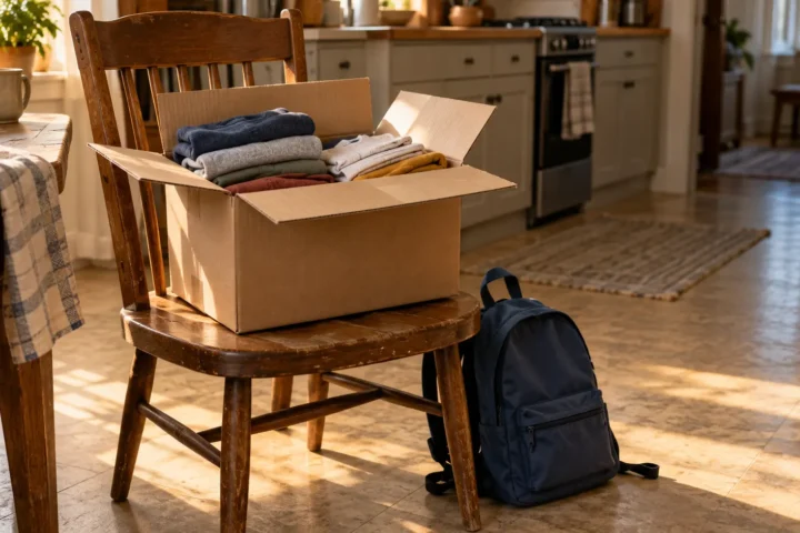 Carton de vêtements d’enfant à moitié déballé sur une chaise de cuisine, près d’un sac d’école