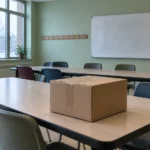 Salle de classe vide pour adultes, tableau blanc effacé et carton de cahiers scellé sur la table