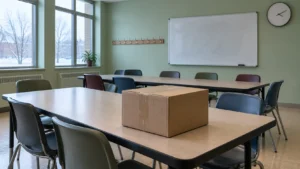 Salle de classe vide pour adultes, tableau blanc effacé et carton de cahiers scellé sur la table