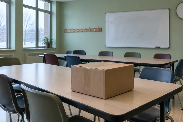 Salle de classe vide pour adultes, tableau blanc effacé et carton de cahiers scellé sur la table